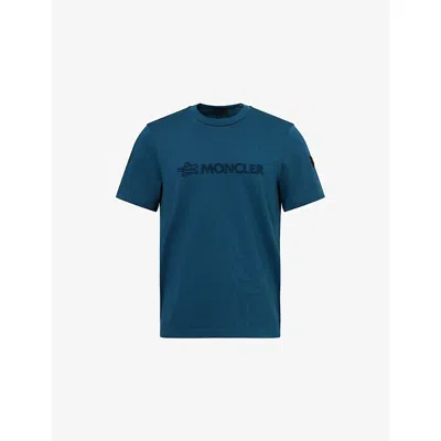 Moncler Mens Petrol Blue Logo-print Short-sleeve Cotton T-shirt