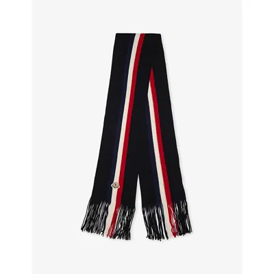 Moncler Mens Striped Logo-embroidered Wool Scarf Black In Animal Print