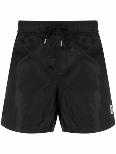 Moncler Mesh-lined Swim Trunks With Drawstring Waist, Side Pockets & Tricolor-trim Back Pocket In Nero