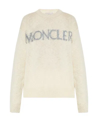 Moncler Metallic Logo-intarsia Jumper In White
