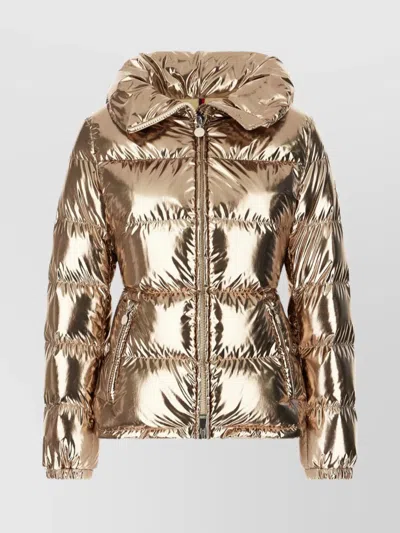 Moncler Metallic Quilted High Collar Puffer Jacket In Gold