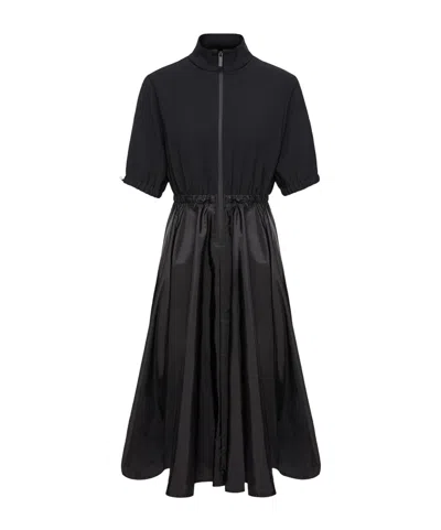 Moncler Satin Midi Dress Elasticated Waist Collar In Black