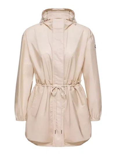 Moncler Midi Weteau Jacket With Hood And Ruffles In Nude