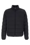 Moncler Quilted Down Jacket With High Collar And Logo Patch In Navy