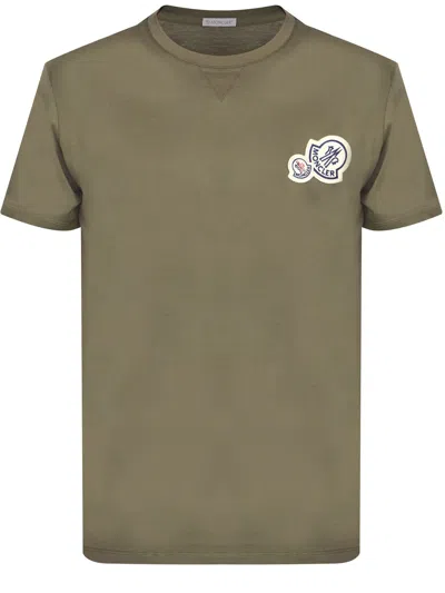 MONCLER MILITARY GREEN COTTON SHORT-SLEEVED T-SHIRT WITH MONCLER DOUBLE PATCH