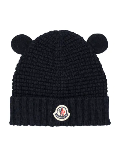 Moncler Mini Baby Virgin Wool Hat With Bear Ears And Ribbed Turn-up Brim In Black
