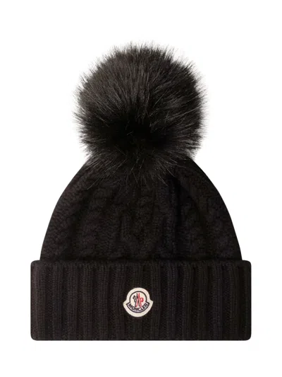 Moncler Mini Beanie With Pom-pom And Front Patch Logo In Black