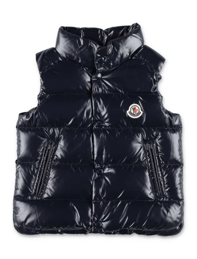 Moncler Mini Bernard Boy's Glossy Quilted Down Vest With High Collar In Blu