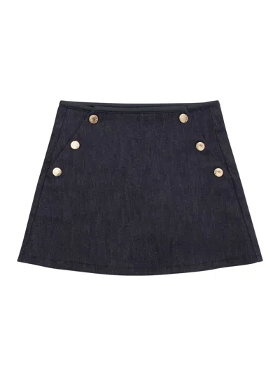 MONCLER MINI BLUE SKIRT WITH BRANDED BUTTONS IN STRETCH COTTON DENIM GIRL