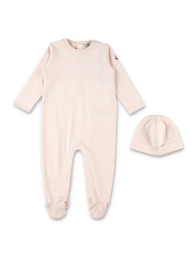 Moncler Mini Boy Stretch Cotton Sleepsuit Set With Beanie In Rosa
