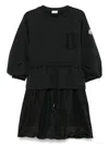 Moncler Black Dress With Elastic Waist And Logo Patch On The Sleeve In Tech Fabric Woman In Black