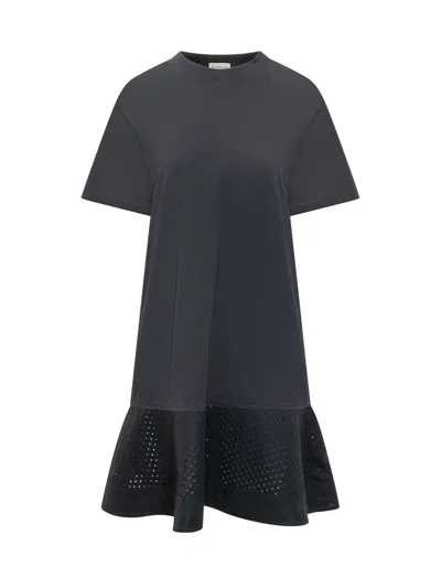 Moncler Mini Dress With Cut Sleeves And Layered Hem In Blue