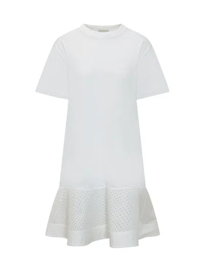 Moncler Mini Dress With Cut Sleeves And Tiered Details In Bianco