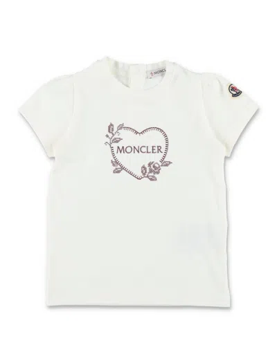 Moncler Mini Embroidered Heart Logo Cotton T-shirt In Bianco