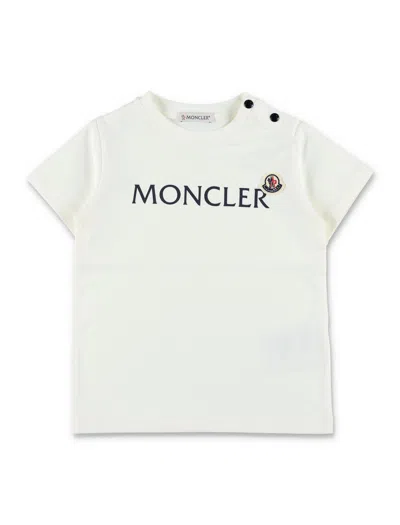 Moncler Mini Logo Stretch Cotton T-shirt For Boys In Bianco