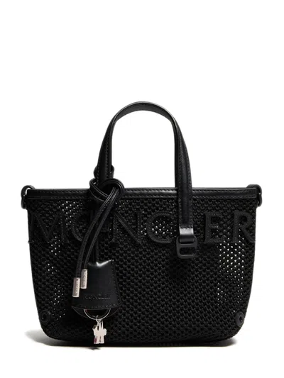 Moncler Mini Mesh And Leather Handbag With Adjustable Strap In Black