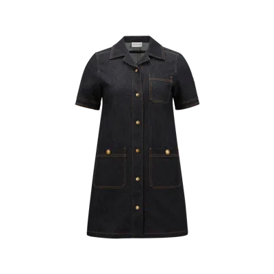 Moncler Short Sleeve Denim Dress With Front Pockets In Blue