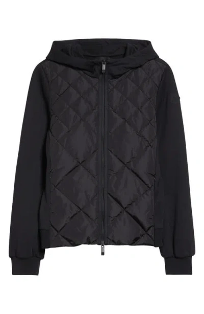 Moncler Mixed Media Hooded Zip Down Cardigan In Black