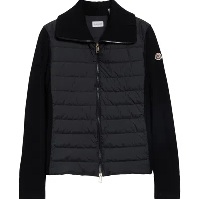 Moncler Mixed Media Quilted Zip Puffer Cardigan In Black
