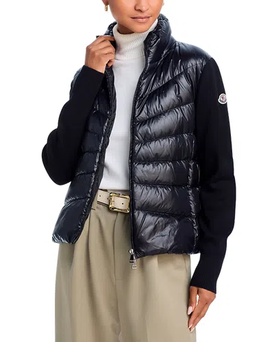 Moncler Mixed Media Wool Puffer Cardigan In Black