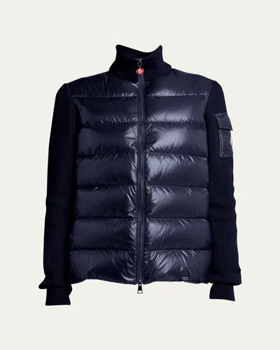 Moncler Mixed Media Wool Puffer Cardigan In Navy