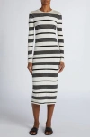 Moncler Stripe Long-sleeve Midi Dress In Black/white