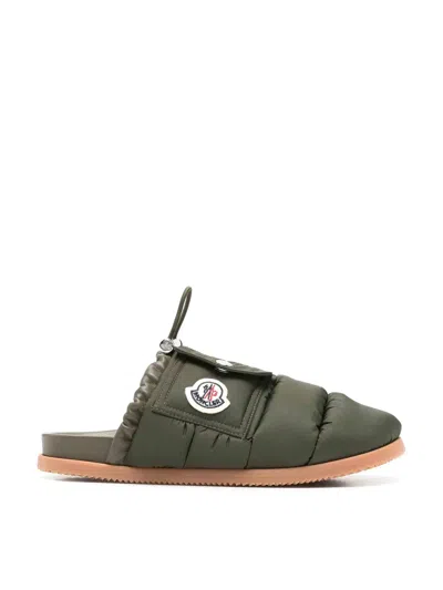Moncler Mon Pocket Logo Patch Padded Down Mules In Green