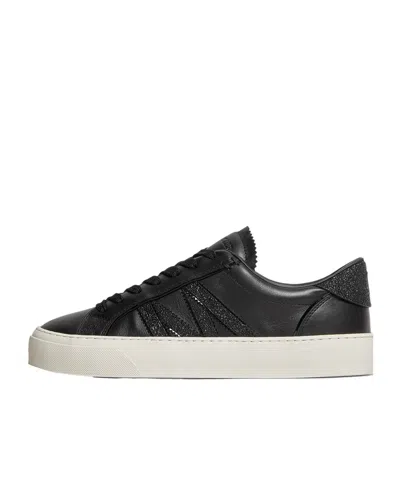 Moncler Monaco2 Leather   Glitter Trainers In Black