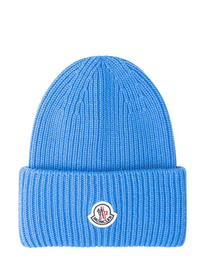 MONCLER MONCLER MONCLER BLUE WOOL BEANIE HAT WITH LOGO