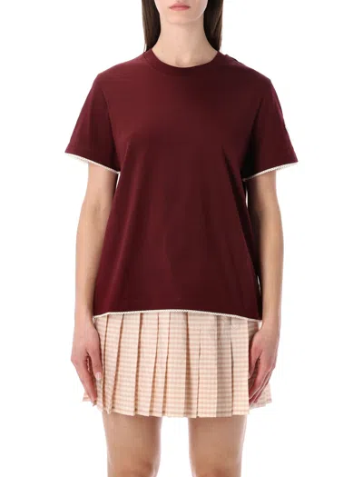 Moncler Cotton Crew Neck T Shirt Scalloped Hem In Burgundy