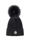 Moncler Ribbed Knit Wool Beanie With Faux Fur Pom-pom In Black
