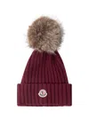 Moncler Maroon Logo Ribbed Texture Beanie Hat In Burgundy