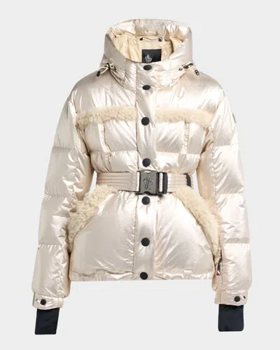 Moncler Mondim Metallic Hooded Down Jacket With Shearling Trim In Nude