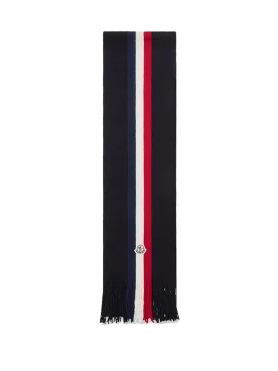 Moncler Monochrome Brioche Stitch Wool Scarf With Tricolour Stripe Fringe In Multi