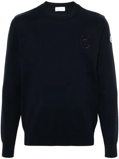 Moncler Monogram Cotton Crewneck Sweater In Navy
