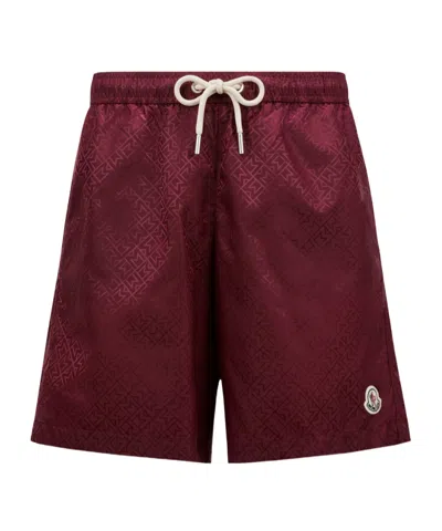 Moncler Monogram Jacquard Swim Shorts In Burgundy