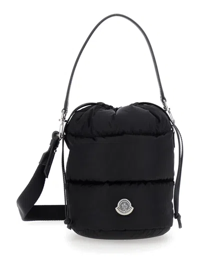 Moncler Monogram-style Tech Fabric Handbag With Drawstring Closure, Padded Design And Front Logo Pat In Black