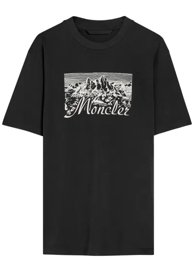 Moncler Mountain Logo-printed Cotton T-shirt In Black