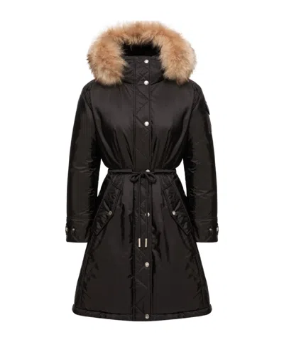 Moncler Moustique Hooded Shearling Trimmed Long Down Parka In Black