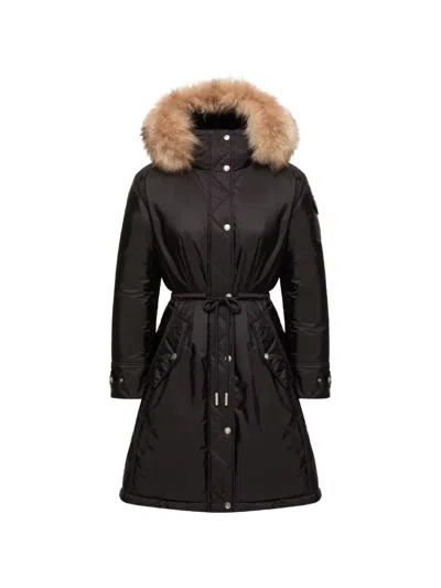 Moncler Moustique Hooded Shearling Trimmed Long Down Parka In Black