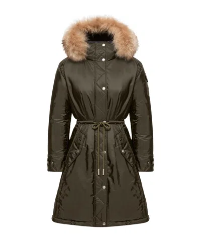 Moncler Moustique Hooded Shearling Trimmed Long Down Parka In Green