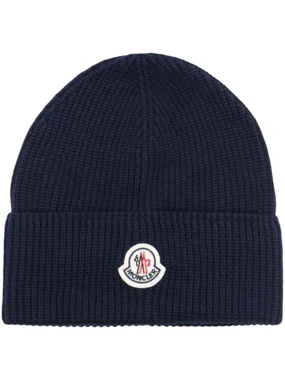 Moncler Navy Blue Cotton Beanie With Logo