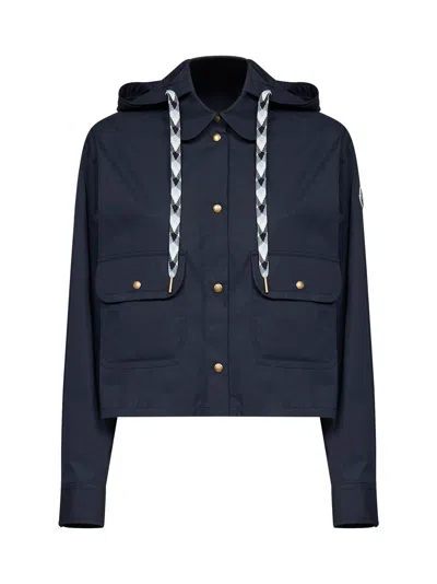 Moncler Navy Blue Cotton Blend Hooded Overshirt