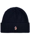 Moncler Grenoble Black Ribbed Beanie With Logo Patch In Wool Man In Black