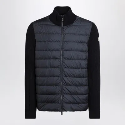 Moncler Navy Blue Quilted Cotton Zipup Cardigan In Black