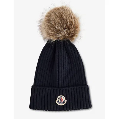 Moncler Kids' Navy Brand-badge Ribbed Wool Knit Hat In Black