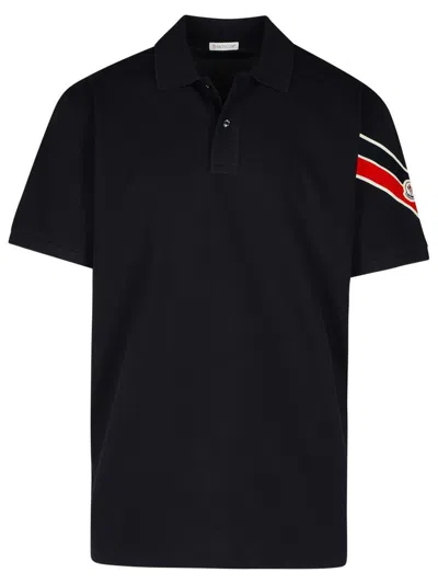 Moncler Stripe Logo Cotton Polo In Black