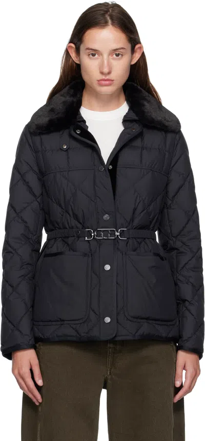 MONCLER NAVY CYGNE FAUX FUR-TRIMMED SHORT DOWN JACKET