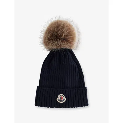 Moncler Kids' Logo-badge Wool Hat Navy In Blue