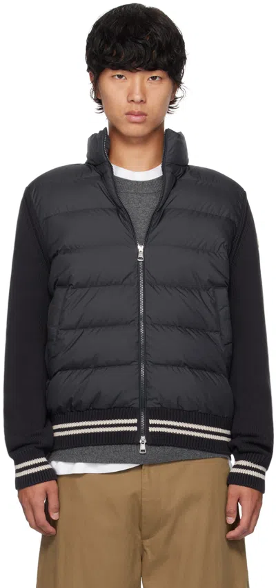 Moncler Navy Paneled Down Cardigan In 779 - Navy Blue